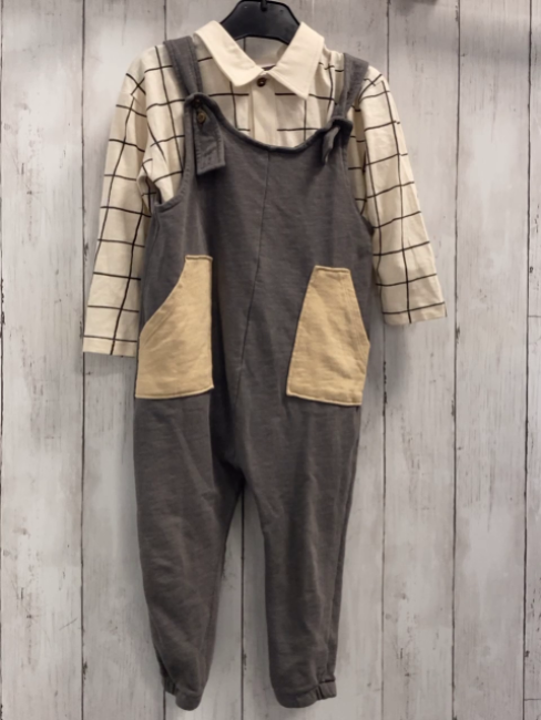 2tlg H&M  Latzhose + Langarmshirt  Gr. 98  beige schwarz kariert + grau 