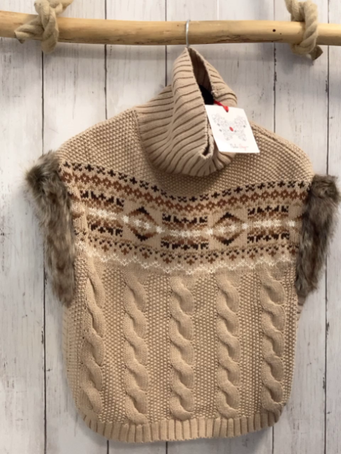 neu Nula Bug  Pullunder  Gr. 110  beige Strick + braun hellbraun weißes Muster Fellbund  Rollkragen