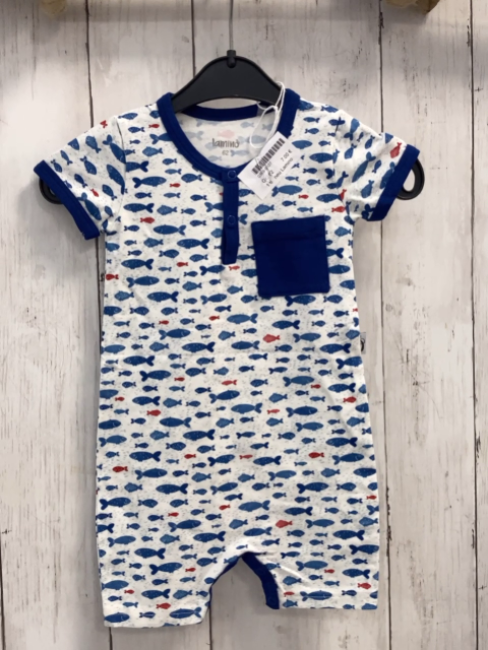neu Lamino  Playsuit  Gr. 62  weiß blau rote Fische dunkelblauer Bund 