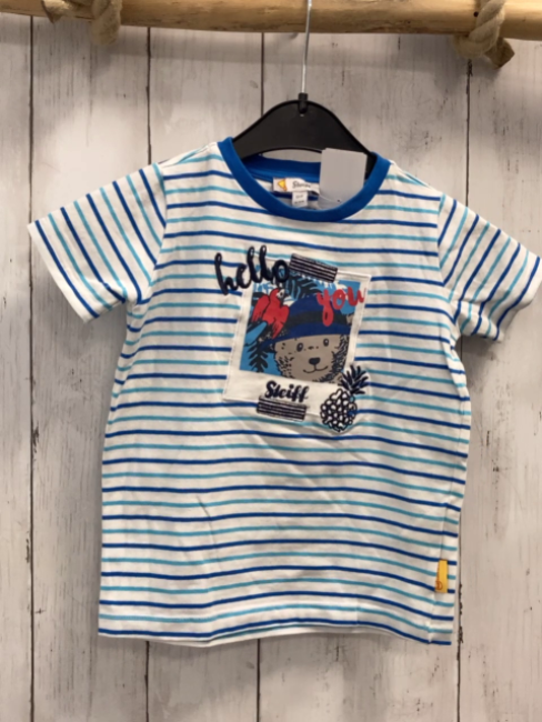 Steiff  T-Shirt  Gr. 92  weiß türkis blaue Strefen Bild mit Bär Schrift 