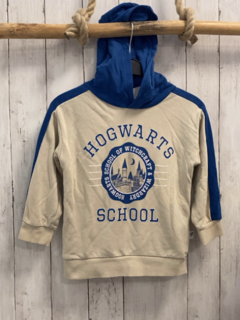   Pullover  Gr. 110  beige blau Kapuze Schrift Hogwarts 
