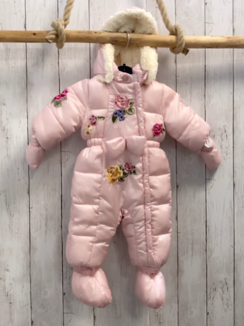Monnalisa 3ltg Schneeoverall + Handschuhe + schuhe Gr. 68  rosa gestickte Blumen