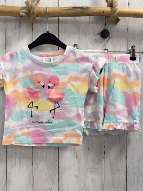 2tlg Dopodopo T-Shirt + Radler  Gr. 86  weiß mint orange gelber Druck Flamingos 