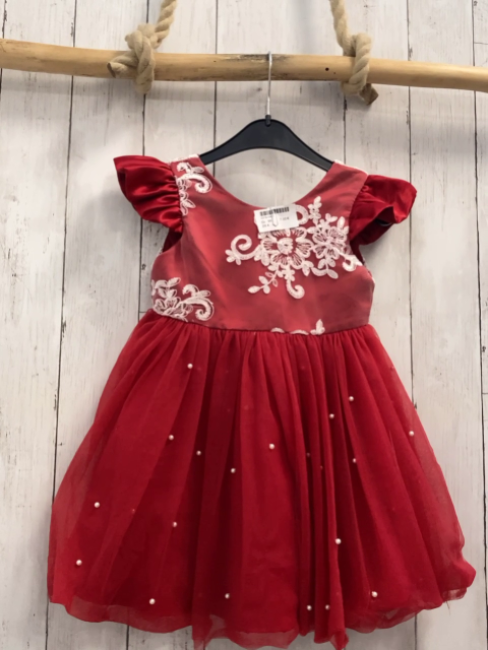   Kleid  Gr. 98  rot Tüllüberrock mit weißen Perlen weiße Stickerei 