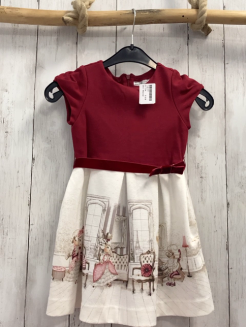 Mayoral  Kleid  Gr. 104  weinrotes Oberteil weißer Rock mit Möbeln + Mädchen 
