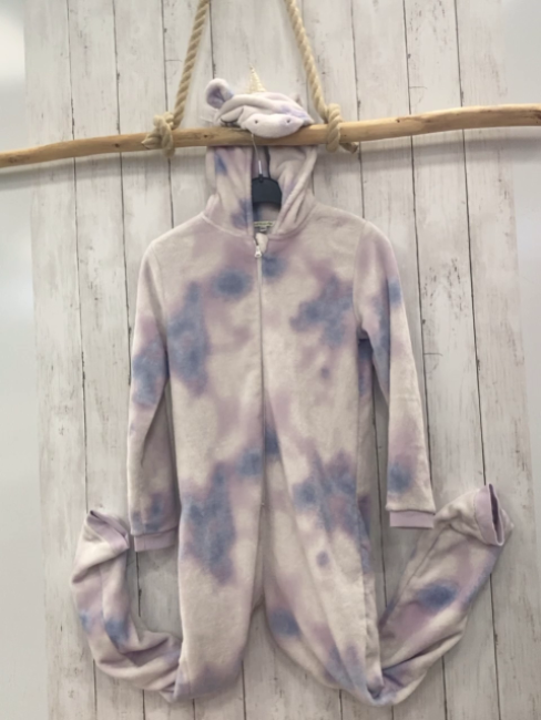 Vertbaudet  Plüschoverall  Gr. 152  weiß flieder hellblau gemustert Kapuze mit Einhorn 