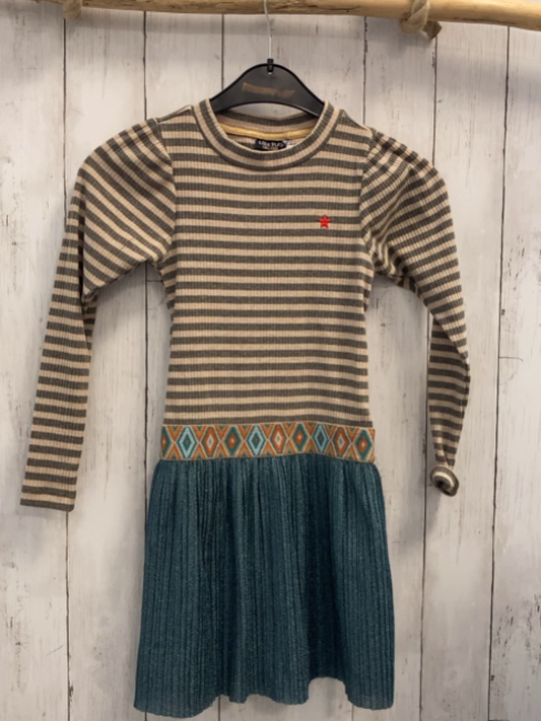 Like Flo  Kleid  Gr. 128  beige grau geripptes Oberteil petrol Faltenrock mit Glitzer Gürtelband mit orange türkis hellblau ocker Rauten  