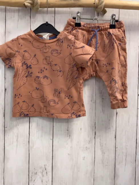 2tlg H&M T-Shirt  + Shorts  Gr. 74  hellbraun blaues Gemüse + Stiefel