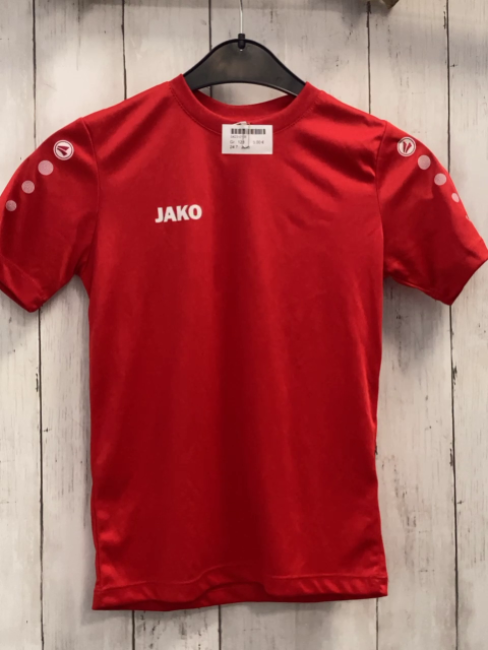 Jako  Sportshirt  Gr. 128  rot weiße Schrift  + Kreise 