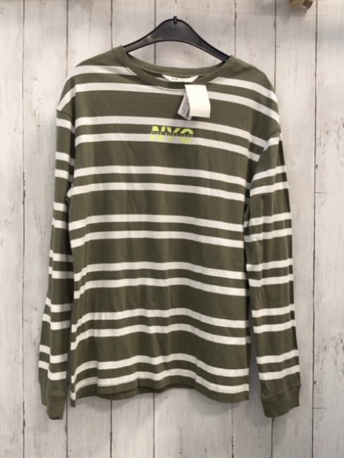 neu H&M  Langarmshirt  Gr. 170  kiwi weiße Streifen hellgrüneSchrift 