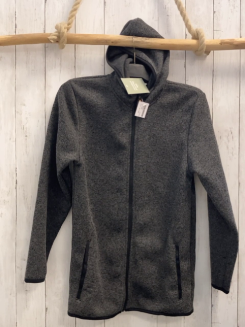 neu H&M  Strickjacke  Gr. 170  grau schwarz meliert Kapuze schwarzer Bund 