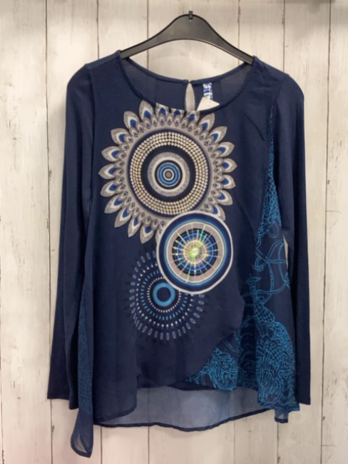 Desigual Bluse  Gr. 158/164  blau grau bunte Kreise mit Pailetten transparenter Stoff mit hellblauem Druck 