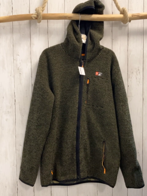   Teddyjacke  Gr. 170/176  oliv schwarze Streifen Kapuze schwarzer Bund orange Reißverschlüsse 