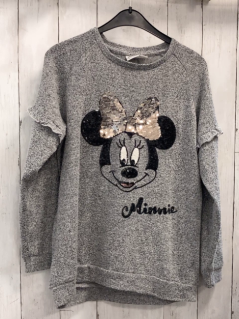 Disney  Pullover  Gr. 158  hellgrau grau meliert Strick Minnie Mouse mit Pailettenschleife 