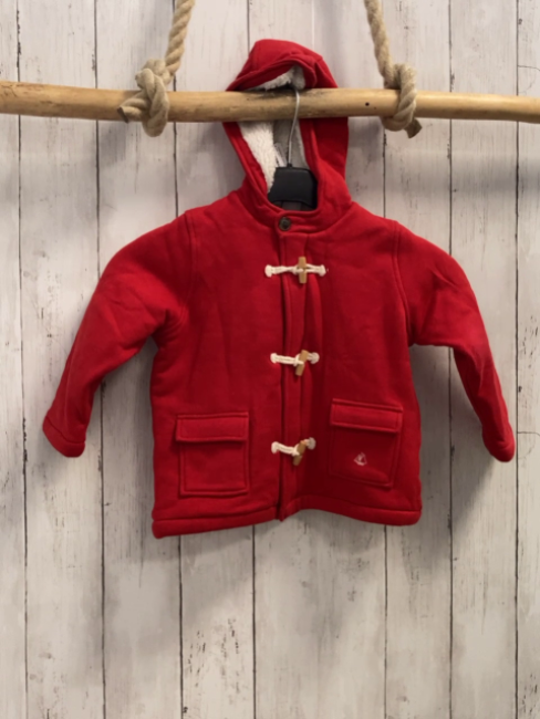 Petit Bateau  Sweatjacke  Gr. 86  rot Kapuze weißes Teddyfutter Knebelknöpfe 