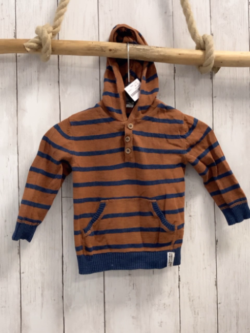 HM& Pullover  Gr. 86  rotbraun blaue Streifen Strick Kapuze Bauchtasche 