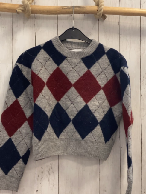Zara  Pullover  Gr. 152  grau Strick weinrote blaue Rauten 