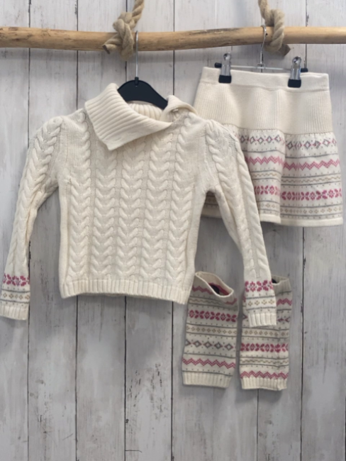 3tlg Lulurain  Pullover Rock + Stulpen  Gr. 104  weiß Strick + rosa beige grau Muster Strick 