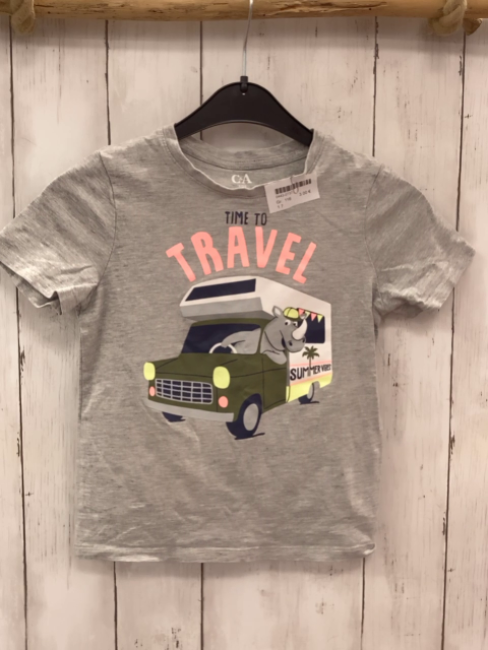   T-Shirt  Gr. 116  grau Wohnwagen Niashorn Schrift 