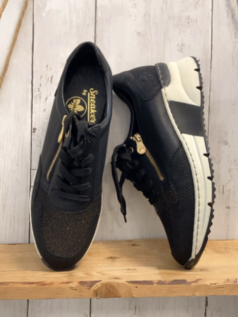 Rieker  Schuhe  Gr. 40  schwarz mit golden Glitzer + goldenen Reißverschlüssen 