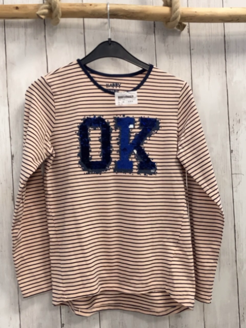  Langarmshirt Gr. 146  rosa blaue Streifen Pailettenschrift