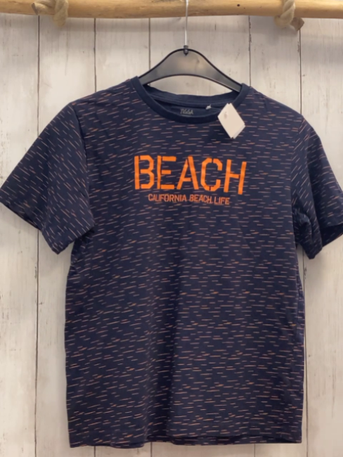   T-Shirt  Gr. 146/152  blau orange Striche + Schrift 