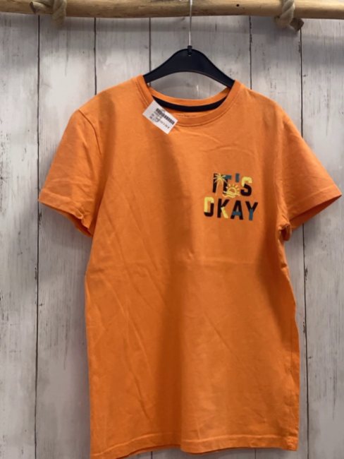   T-Shirt  Gr. 146/152  orange bunte Schrft mit Palme 