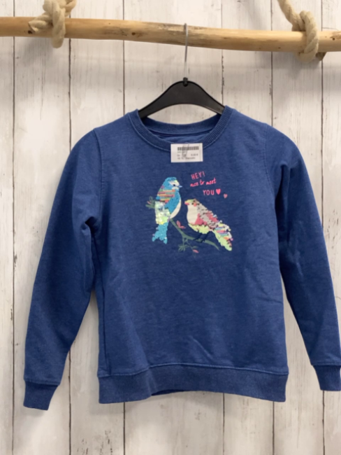 Staccato  Pullover  Gr. 128  blau Pailettenvogel pink Schrift 