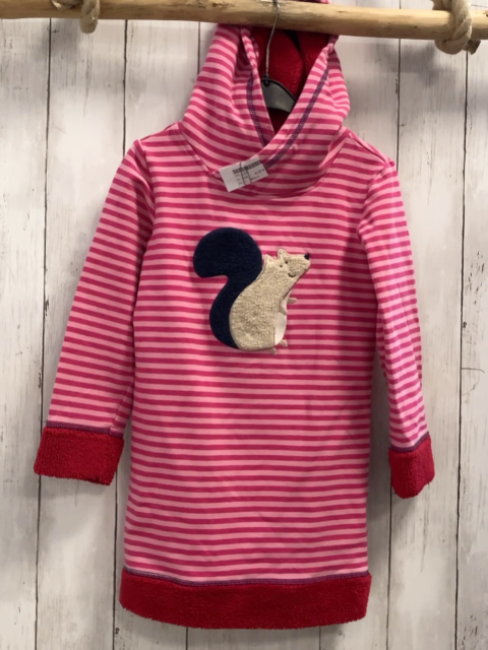 Jako-o  Kleid  Gr. 116  pink rosa Streifen Kapuze Eichhörnchen roter Plüschbund 