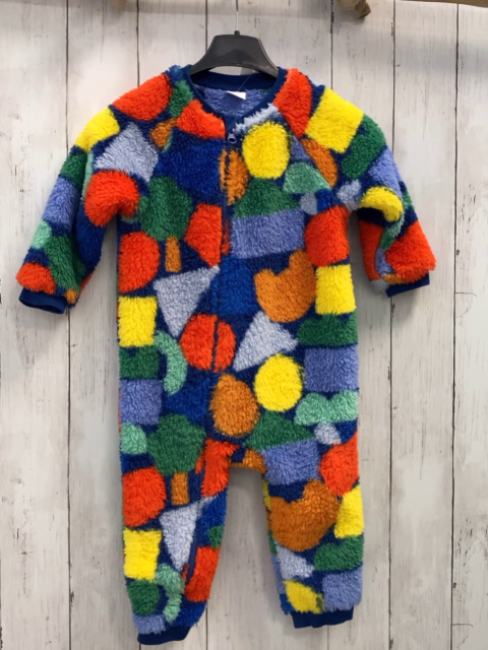 Next  Plüschoverall Gr. 92  blau bunte Quadrate + Kreise blauer Bund 