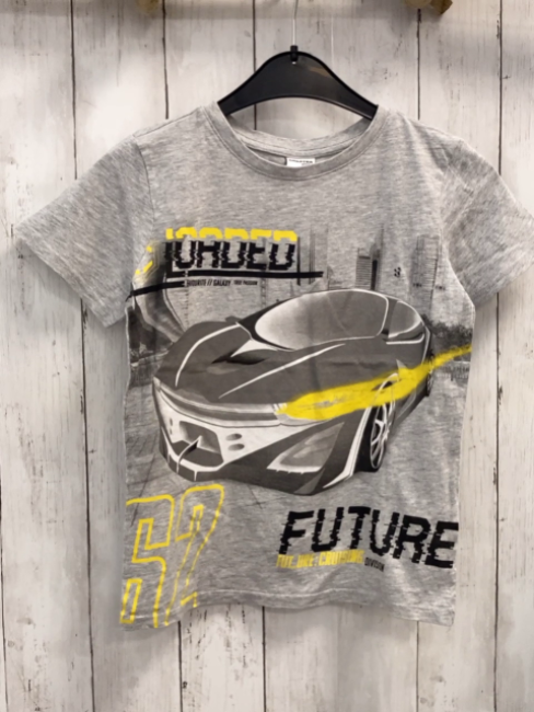   T-Shirt Gr. 134  grau Renwagen gelbe Schrift 