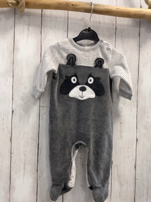   Strampler  Gr. 62  grau Nicky Tiergesicht + hellgrau weiße Streifen