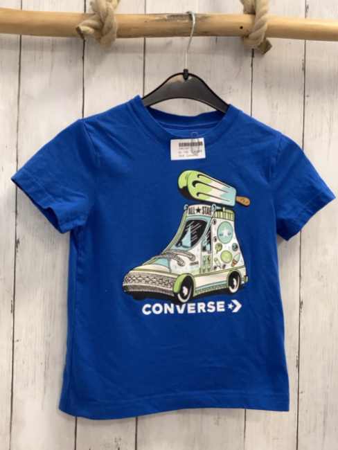 Converse  T-Shirt  Gr. 116  blau Fahrzeug Schuhform Schrift 