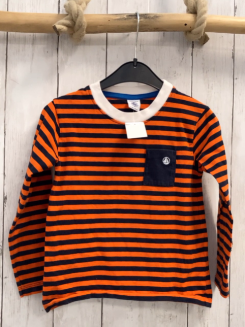 Petit Bateau  Langarmhirt  Gr. 116  schwarz orange Streifen weißer Bund 