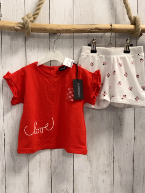 2tlg Sarabanda  T-Shirt + Shorts  Gr. 92  rot weiß Schrift silber Steine Käfer 
