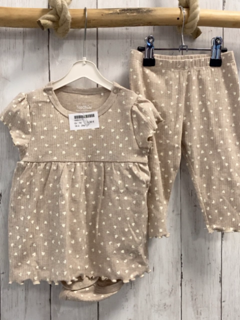 2tlg  Kleid + Leggings  Gr. 74  beige Rippen Bodyunterteil weiße Herzen 