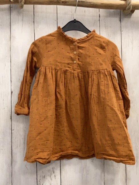 Vertbaudet  Kleid  Gr. 92  ocker braune Punkte gesmokt Rüschenkragen