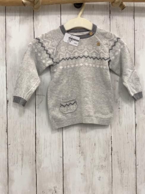   Pullover Gr. 80  hellgrau zweiß graue Zackenstreifen grauer Bund Strick 