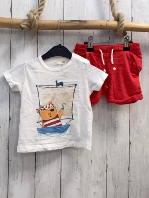 2tlg Sfera  T-Shirt + Shorts  Gr. 74  weiß Piratenboot + rot 