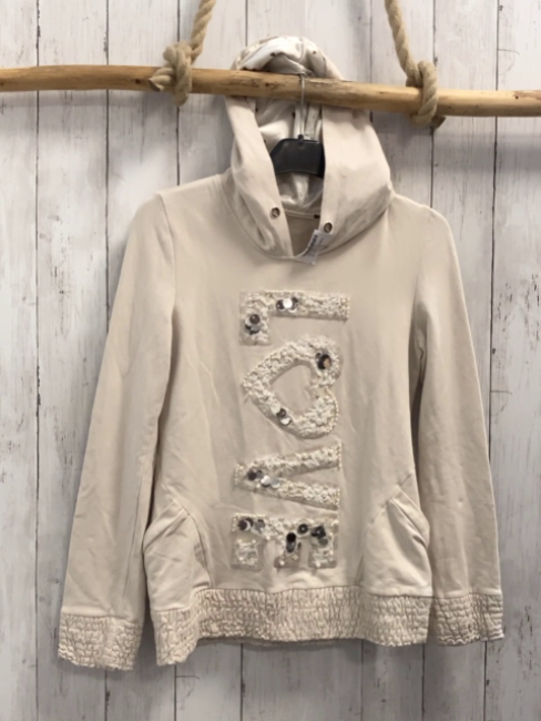   Pullover Gr. M beige Kapuze gesmokter Bund Schrift "Love" mit Stickerei + Perln 