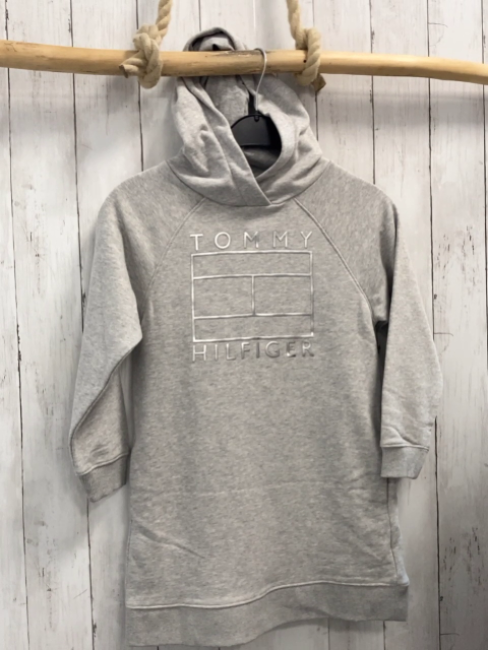 Tommy Hilfiger  Kleid  Gr. 128  hellgrau Kapuze silber Schrift 