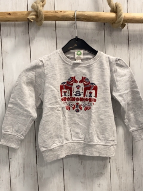 Alana  Pullover  Gr. 92  hellgrau roter Druck mit Pferden Blumen 