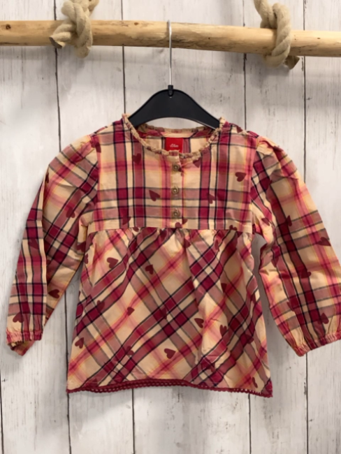 S´Oliver  Bluse  Gr. 86  beige beere schwarz gelb kariert weinrote Herzen 