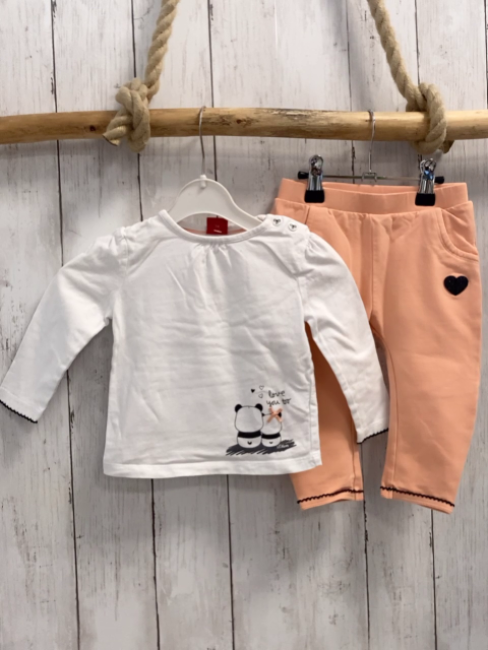 2tlg S´Oliver  Langarmshirt + Leggings  Gr. 74  weiß Pandabären + orange mit schwarzem Glitzerherz 