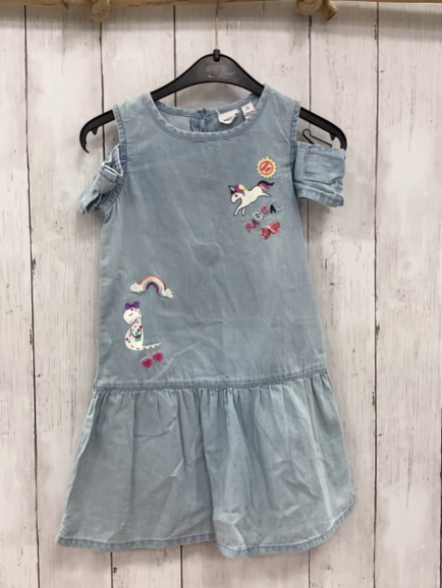 Manguun Kleid  Gr. 98  hellblau Jeans Einhorn Dino Schrift 