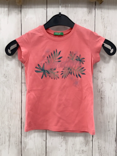 Benetton  T-Shirt  Gr. 92  rosa Schrift grün hellgrüne Blätter 