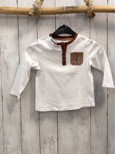 Obaibi Langarmshirt  Gr. 86  weiß braune Brusttasche + Bund + Knopfleiste 