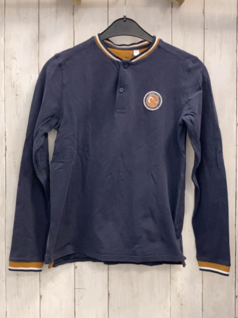 Okaidi  Langarmshirt  Gr. 164  blau Aufnäher blau weiß ocker Streifenbund Knopfleiste 