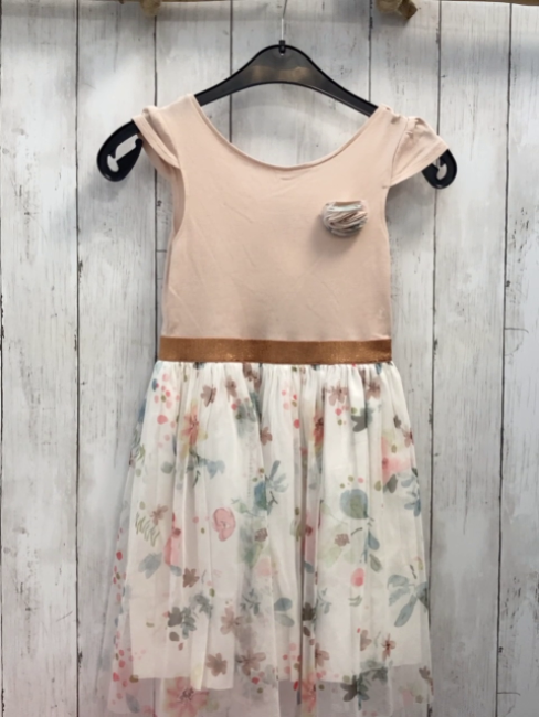 Petit Bateau  Kleid  Gr. 128  rosa Oberteil mit Rosette ewißer Rock mit transparentem Überrock mit Blättern 