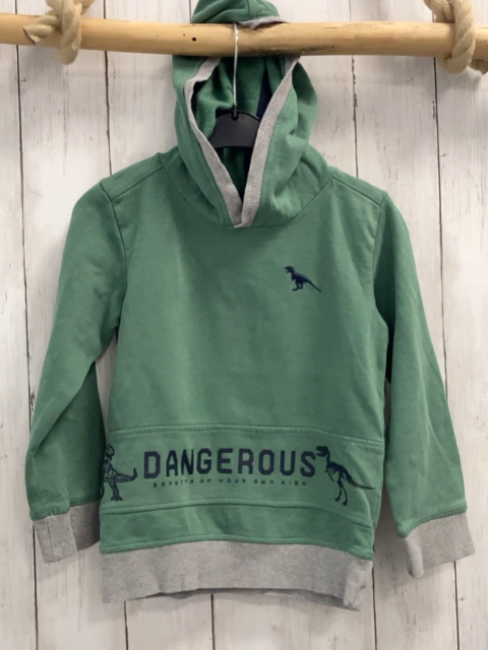 Sanetta  Pullover  Gr. 116  grün grauer Bund Kapuze Dino Schrift 